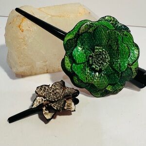 Vintage Snake Embossed Floral Leather Hair Clips Set of 2